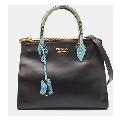 Prada Black/Blue Leather and Python Double Zip Tote