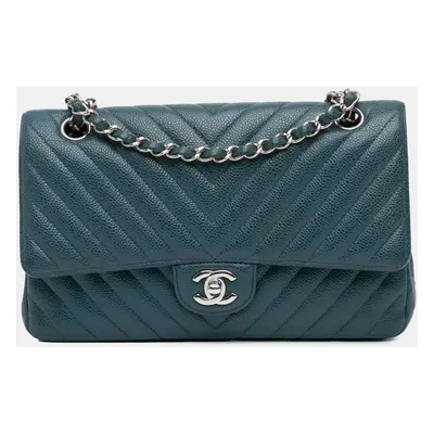 Chanel Blue Medium Classic Chevron Caviar Double Flap Bag