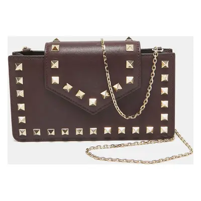 Valentino Burgundy Leather Rockstud Phone Case Chain Bag