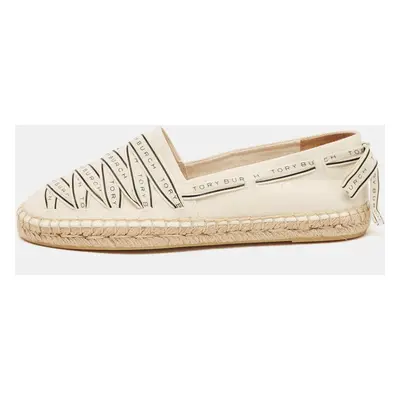 Tory Burch Cream Canvas Logo Ribbon Espadrille Flats Size 38.5