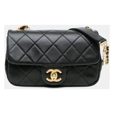 Chanel Black Mini Quilted Calfskin Crystal Pearls Chain Flap