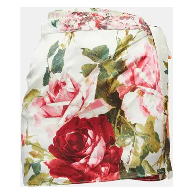 Roberto Cavalli White Floral Print Satin Mini Wrap Skirt