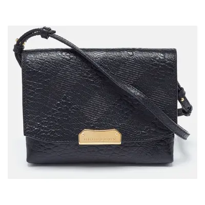 Burberry Black Embossed Check Leather Small Langley Crossbody Bag