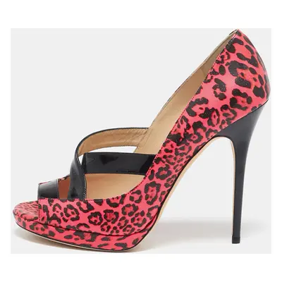 Jimmy Choo Black/Pink Leopard Print Patent Leather Open Toe Pumps Size 40.5