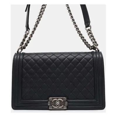 Chanel Black Caviar Leather Boy Large Chain Shoulder Bag