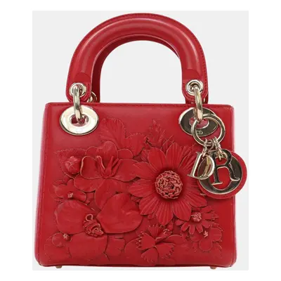 Dior Red Lambskin Mini DiorAmour Applique Flower Lady Dior Bag