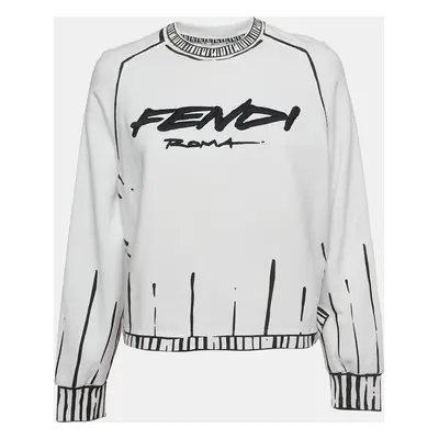 Fendi White Logo Embroidered Cotton Crew Neck Sweatshirt