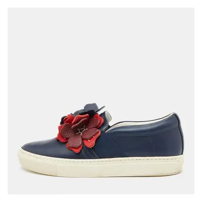 Lanvin Navy Blue Leather Flower Embellished Slip On Sneakers Size