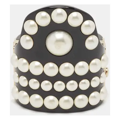 Chanel CC Black Resin Faux Pearls Embedded Asymmetric Cuff Bracelet