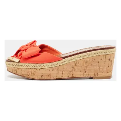 Tory Burch Orange Canvas Bow Cork Wedge Slide Sandals Size