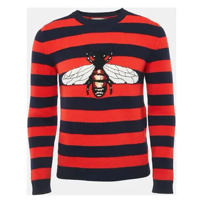 Gucci Navy Blue/Red Striped Bee Jacquard Knit Sweater