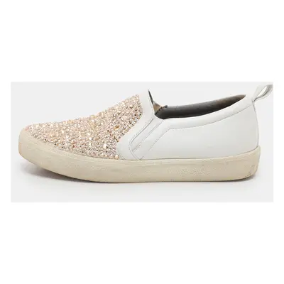 Gina White/Beige Leather and Satin Crystal Embellished Slip On Sneakers Size