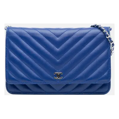 Chanel Blue Lambskin Chevron Trendy Wallet On Chain