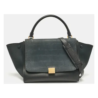 Celine Black Croc Embossed Nubuck and Leather Medium Trapeze Bag