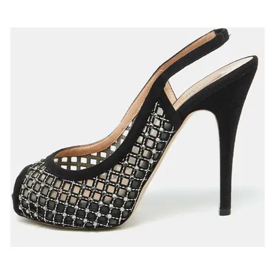 Valentino Black Mesh and Suede Crystal Embellished Peep Toe Pumps Size 38.5