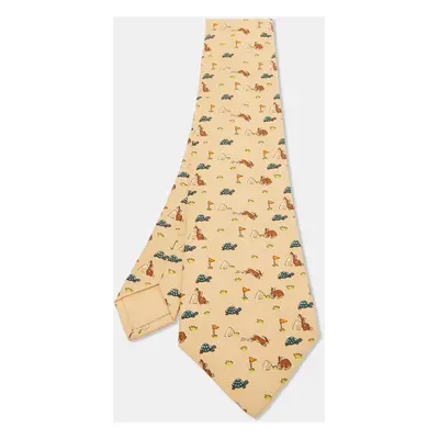 Hermes Beige Turtle & Hare Race Print Silk Tie