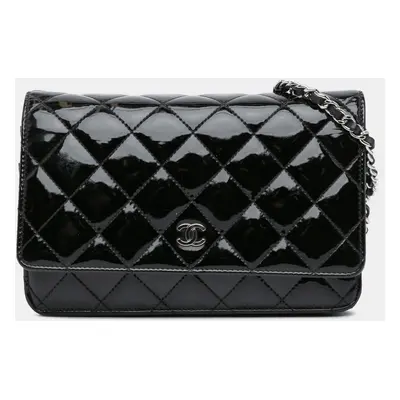 Chanel Black CC Quilted Patent Wallet On Chain