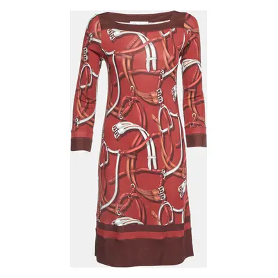 Gucci Equestrian Dark Red Printed Jersey Knee-Length Dress