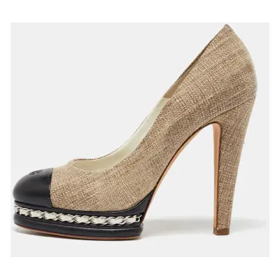 Chanel Beige/Black Fabric and Leather CC Cap Toe Platform Pumps Size