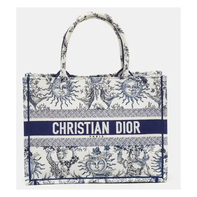 Dior White/Blue Embroidered Toile De Jouy Soleil Canvas Medium Book Tote