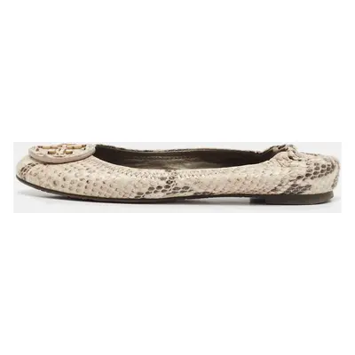 Tory Burch Cream/Black Python Embossed Leather Reva Scrunch Ballet Flats Size