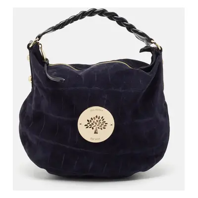 Mulberry Navy Blue Leather and Croc Embossed Suede Daria Hobo