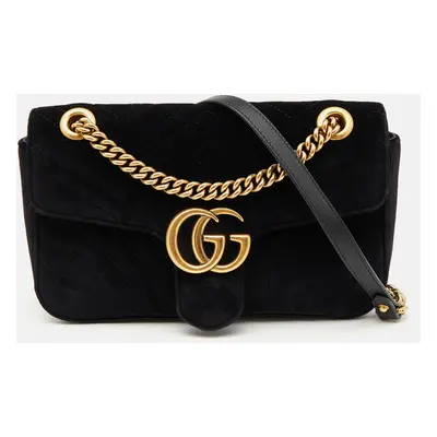 Gucci Black Matelasse Velvet GG Marmont Flap Shoulder Bag