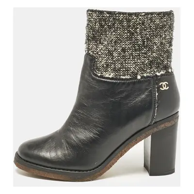 Chanel Black Leather and Tweed Ankle Length Boots Size 38.5