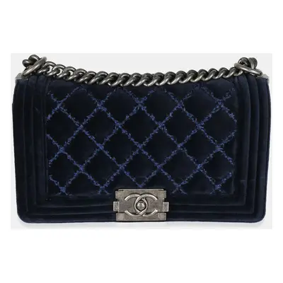 Chanel Navy Quilted Velvet Old Medium Boy Bag