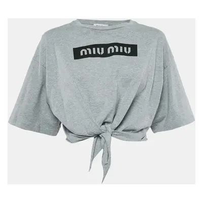 Miu Miu Grey Logo Print Cotton Knotted Crop Top