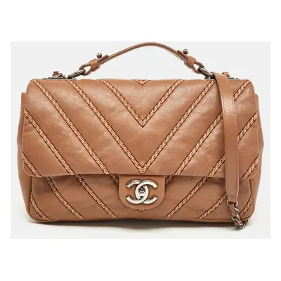 Chanel Brown Chevron Stitched Leather Classic Top Handle Bag