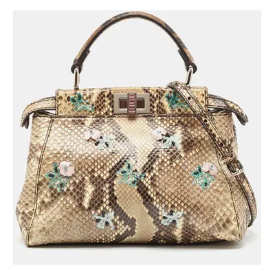 Fendi Beige/Black Python Mini Embellished Peekaboo Top Handle Bag