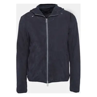 Emporio Armani Navy Blue Perforate Suede Hooded Jacket