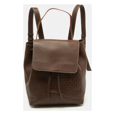 CH Carolina Herrera Brown Monogram Embossed Leather Flap Backpack