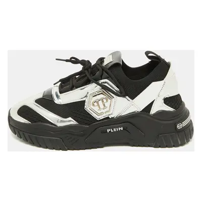 Philipp Plein Black/Silver Patent Leather and Knit Fabric Low top Sneakers Size