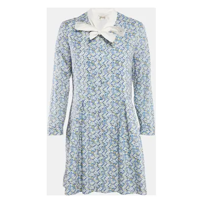 Saint Laurent Paris Blue Floral Print Pleated Button Front Mini Dress