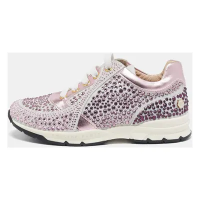 Philipp Plein Metallic Pink/White Leather and Suede Crystal Embellished Klarissa Sneakers Size