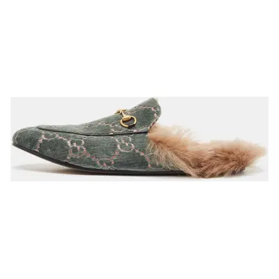 Gucci Green/Beige Fur and Velvet Princetown Mules Size