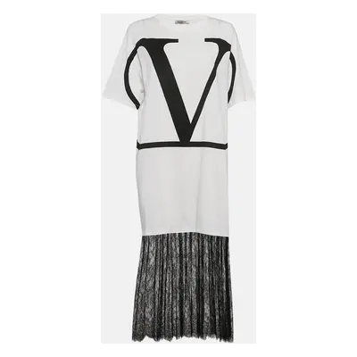 Valentino White Logo Print Cotton Knit and Lace Flared Midi Dress