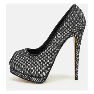 Giuseppe Zanotti Silver/Black Glitter and Leather Platform Pumps Size