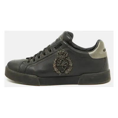 Dolce & Gabbana Black Leather Portofino Crown Patch Sneakers Size