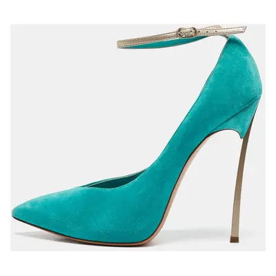 Casadei Blue Suede Pointed Toe Ankle Strap Pumps Size