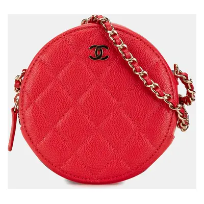 Chanel Red Quilted Caviar Round Clutch With Chain