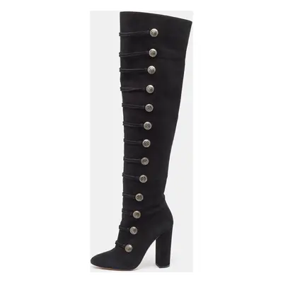 Aquazzura Black Suede Buttons Embellished Over The Knee Boots Size