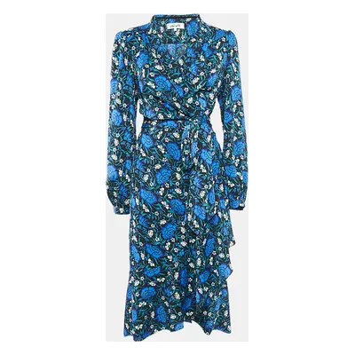 Diane Von Furstenberg Blue Floral Print Crepe Carla Wrap Dress