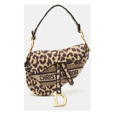 Dior Black/Cream Leopard Print Canvas Embroidered Saddle Bag