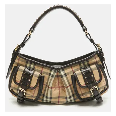 Burberry Brown/Beige Haymarket Check PVC and Leather Stitch Detail Hobo