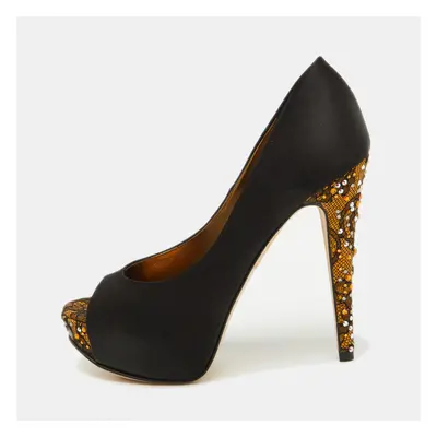 Gina Black Satin Crystal Embellished Peep Toe Platform Pumps Size