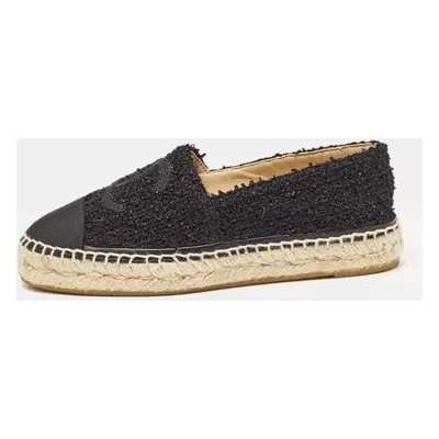 Chanel Black Canvas and Tweed Interlocking CC Logo Espadrille Flats Size