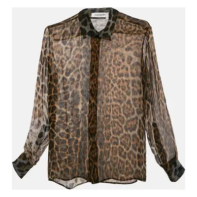 Saint Laurent Brown Leopard Print Silk Sheer Shirt